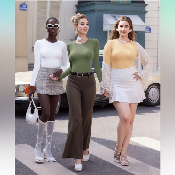 New MANGOPOP Women's Crew Neck Long Sleeve Bodysuit T Shirts Basic Tops - Picture 3 of 12